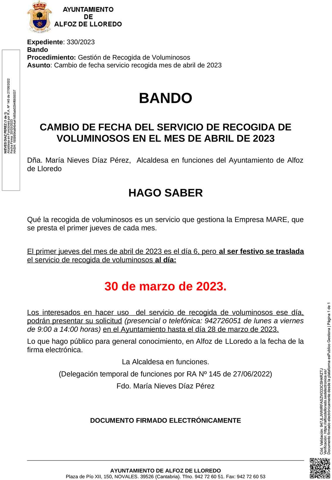 Bando. Cambio de fecha del servicio de recogida de voluminosos mes de abril 2023