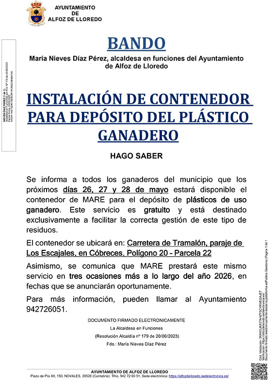 BANDO: INSTALACIÓN DE CONTENEDOR PARA DEPÓSITO DEL PLÁSTICO GANADERO